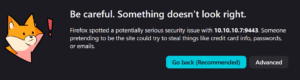 Firefox browser security warning showing how to bypass the self-signed certificate for Portainer.