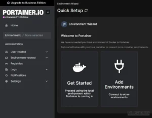 Portainer CE initial setup screen showing the administrator user creation form.