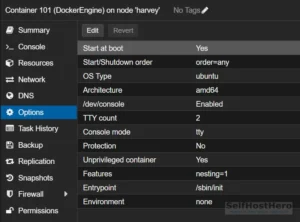 Proxmox LXC options panel showing the nesting feature enabled, which is required to run Docker on Proxmox LXC